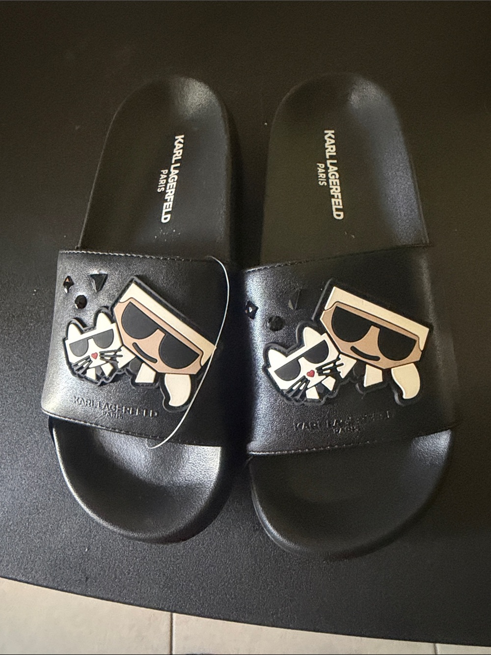 Karl Lagerfeld Black Slides with Karl & Choupette Appliqués